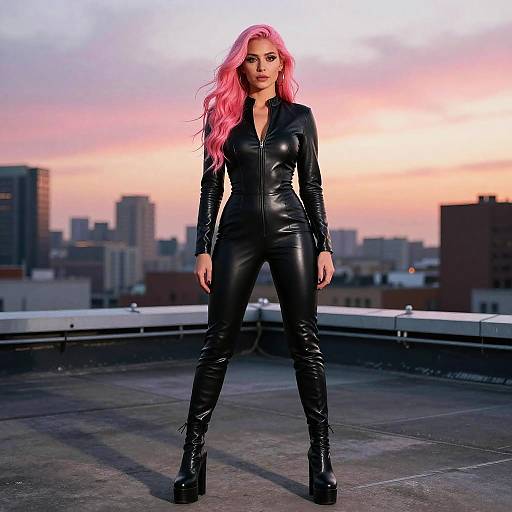 Photograph of a confident woman with long pink hair, wearing a tight black leather jumpsuit and high platform boots, standing on a rooftop at sunset with