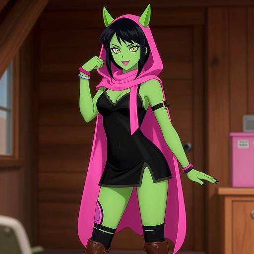 Digital anime-style drawing of a green-skinned, cat-eared female with black hair, yellow eyes, pink hooded cape, black dress, and