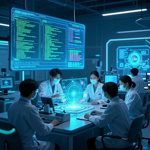 Photograph of six Asian scientists in white lab coats, working in a futuristic, blue-lit AI research lab with holographic screens.