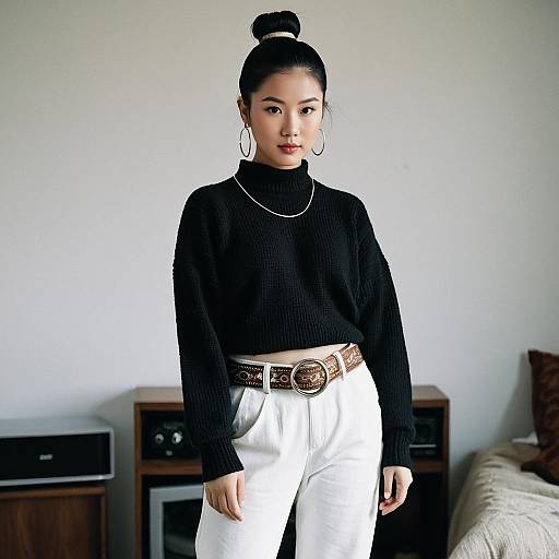 Young Asian Woman in Black Sweater and White Pants