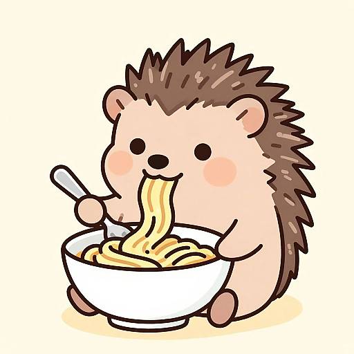 Cute digital drawing of a smiling hedgehog with brown spines eating noodles from a white bowl with a spoon.