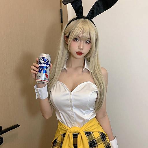 Young Woman with Bunny Ears and Beer