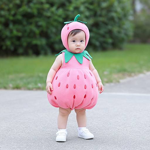 Photograph of a chubby baby with light skin wearing a pink strawberry costume with green leaves and white shoes, standing on a gray pavement with a green,