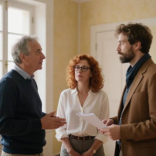 Three People Engaged in Conversation Indoors