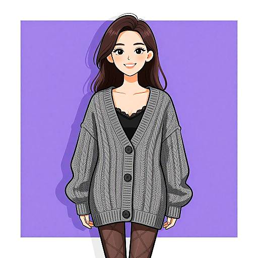 Smiling Woman in Chunky Knit Cardigan