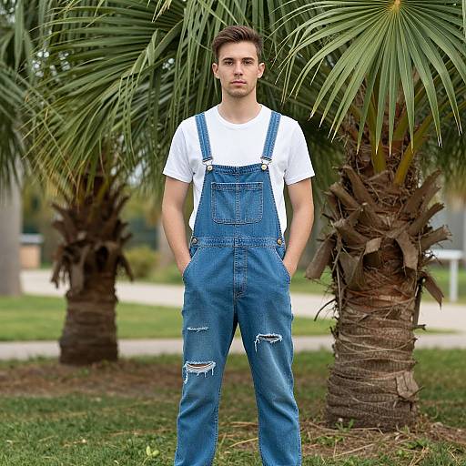 Realistic Boy in Blue Overalls Outdoors