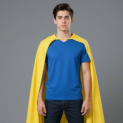 Photograph of a young man with short black hair, wearing a blue V-neck t-shirt, dark jeans, and a bright yellow cape, standing against