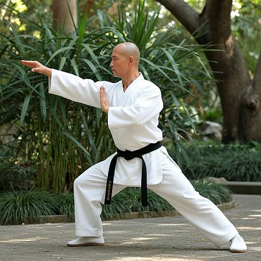 Photograph of a bald, middle-aged man in a white karate gi with a black belt, executing a forward stance in a lush, green garden