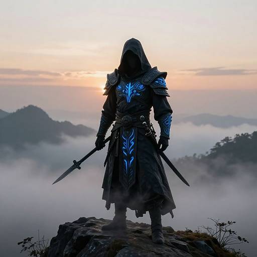 Silhouetted warrior with glowing blue armor and dual swords stands on a misty mountain peak at sunrise. Digital art.
