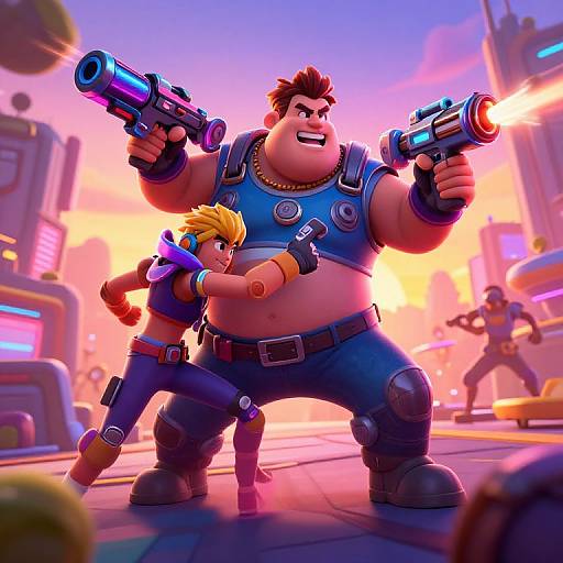 Vibrant digital cartoon: muscular, tan-skinned man with red hair and blue vest, holding guns, stands protectively in front of smaller,