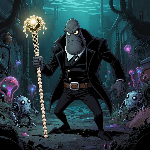 Cartoon gorilla in black suit holding glowing bead staff, standing menacingly in dark, neon-lit, sci-fi factory surrounded by glowing, robotic
