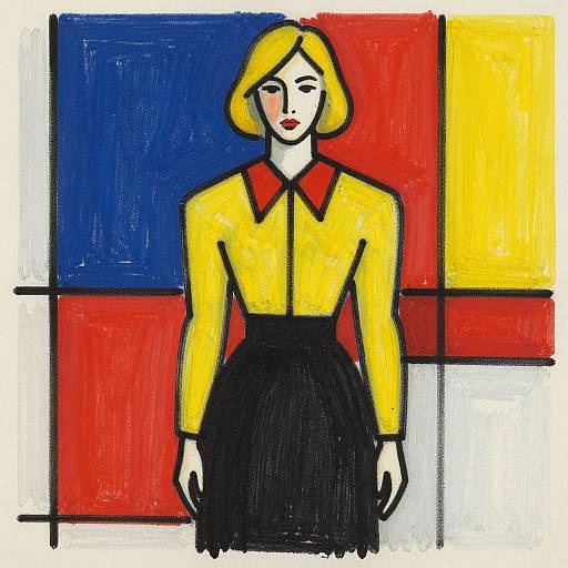 Abstract painting of a blonde woman with bob haircut, yellow blouse, red collar, black skirt, standing against a colorful grid background.