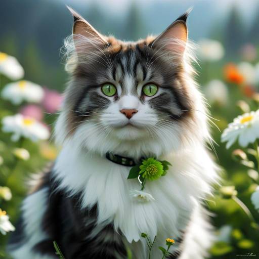 Realistic Norwegian Forest Cat Among Flowers