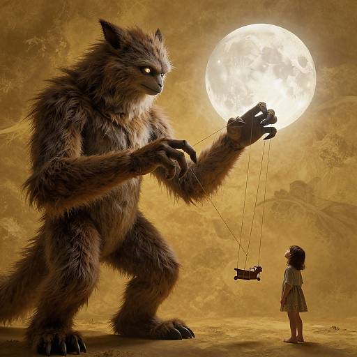 Digital illustration of a towering, furry werewolf with glowing eyes, holding a small girl's camera on strings, under a bright full moon in a golden