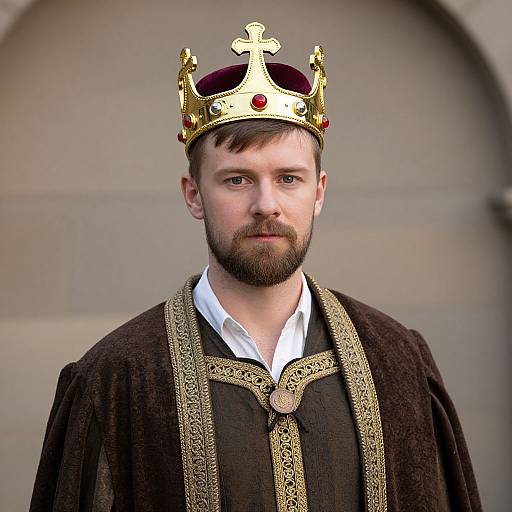 Photograph of a bearded man with a serious expression, wearing a gold crown with red gems, a black and gold embroidered robe, and a white