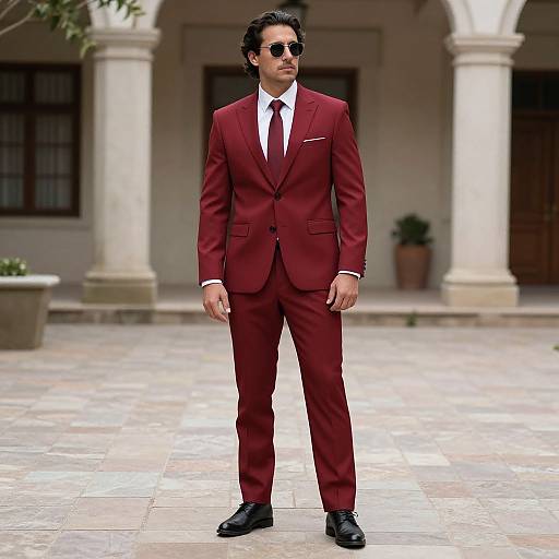 Photograph of a handsome man with dark hair and sunglasses, wearing a maroon suit, white shirt, red tie, and black shoes, standing in