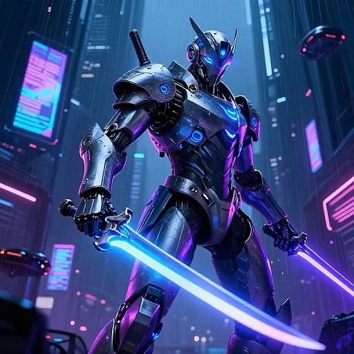 Cyberpunk-style CGI of a glowing blue and purple armored robot warrior wielding dual neon swords in a rain-soaked futuristic city.