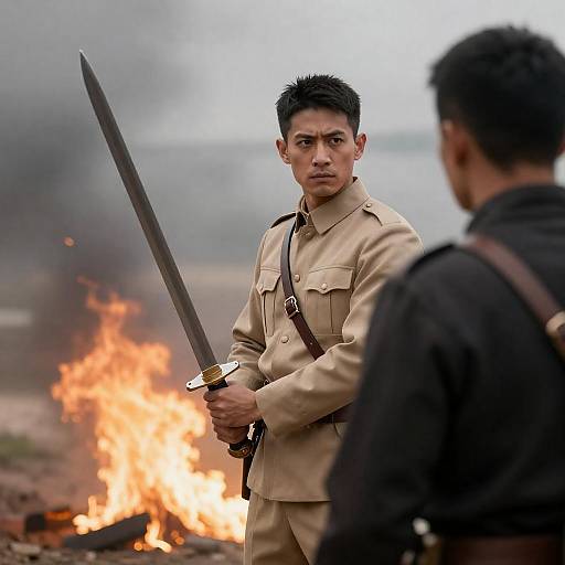 Beige Uniform Swordsman Amid Smoke and Flames