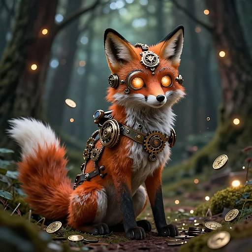 Digital artwork of a glowing, cybernetic fox with orange fur, steampunk gears, and golden coins in a mystical forest.