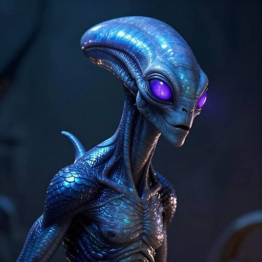 Digital CGI of a blue, shiny, alien creature with purple glowing eyes and intricate, textured skin in a dark, blue-lit background.