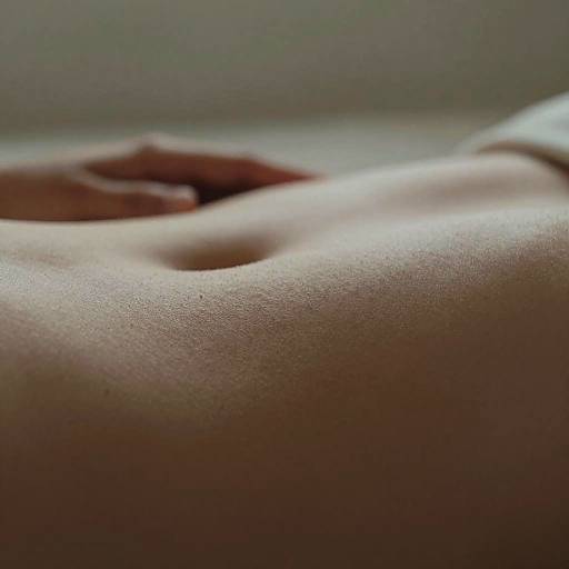 Close-up photograph of a smooth, pale, bare belly with a visible navel, soft light highlighting the skin texture. Fingers gently rest on the