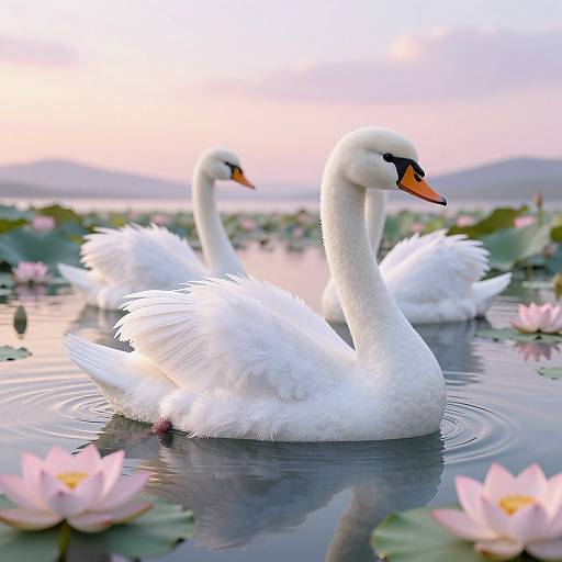Photograph of three white swans with black beak accents gliding in a serene lake, surrounded by pink lotus flowers and lily pads at