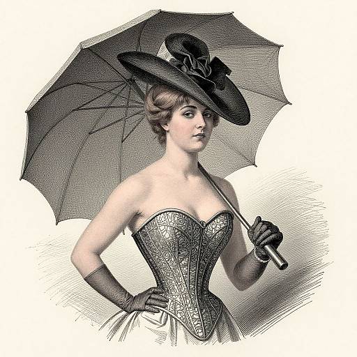 Vintage illustration of a fair-skinned woman with short brown hair, wearing a black lace corset, gloves, and a wide-brimmed hat,