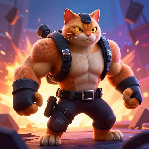 CGI image of a muscular, orange tabby cat in black tactical gear, standing confidently in front of an explosion, with intense yellow eyes and a