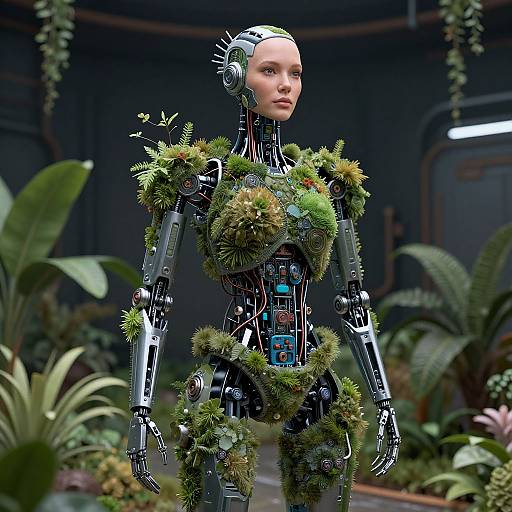 Photorealistic CGI of a futuristic robotic woman with metallic silver body, adorned with green moss, standing in a lush, indoor plant-filled environment.