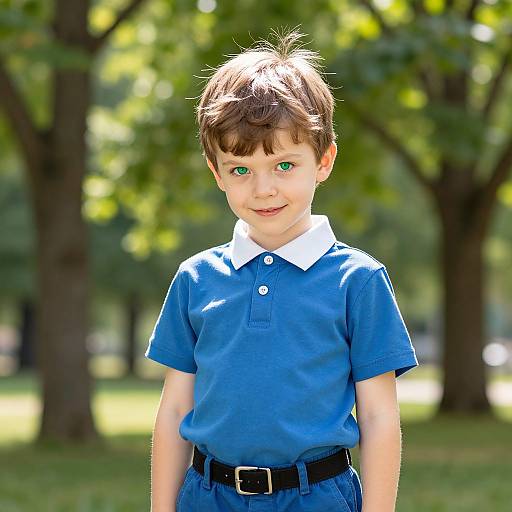 Photograph of a young boy with brown hair, green eyes, wearing a blue polo shirt and black pants, standing in a sunlit park with blurred