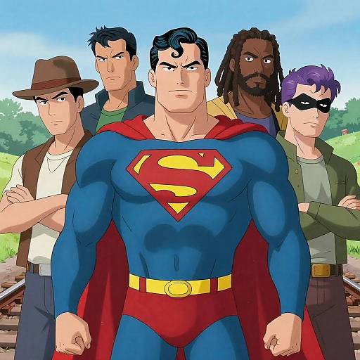 Superman with diverse allies in animated style