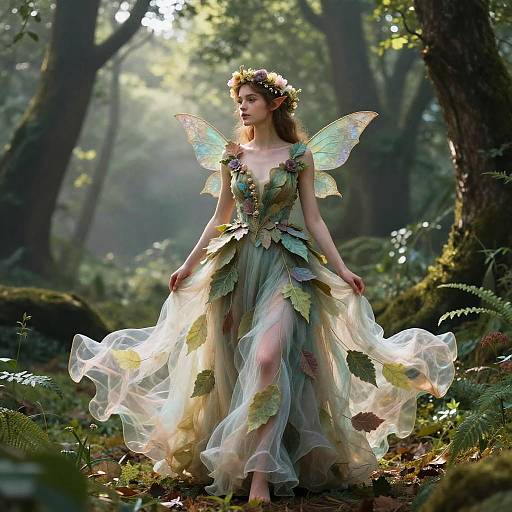 Photograph of a fairy with translucent wings, leafy dress, and flower crown, standing in a sunlit forest, surrounded by ferns.