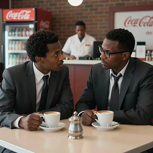 Two Black Men in Suits Talking at Diner Table