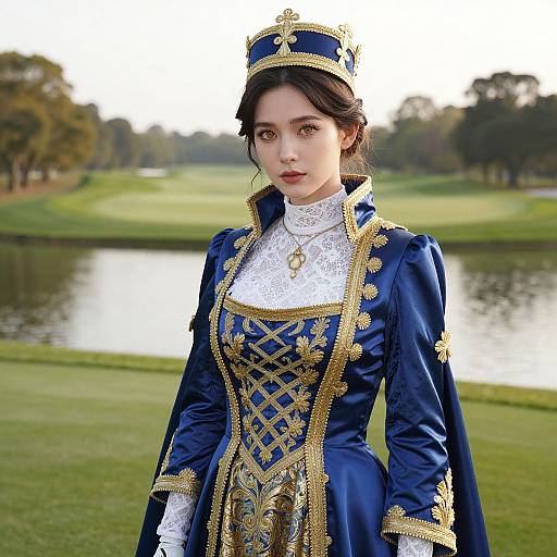 Photograph of an Asian woman in a detailed, royal blue and gold Victorian-style dress with lace, standing by a lake in a park.