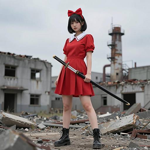 Asian Warrior in Urban Ruins