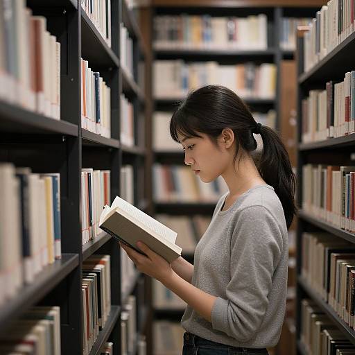 Photograph of an Asian woman with black hair in a ponytail, wearing a gray sweater, reading a book in a library aisle.