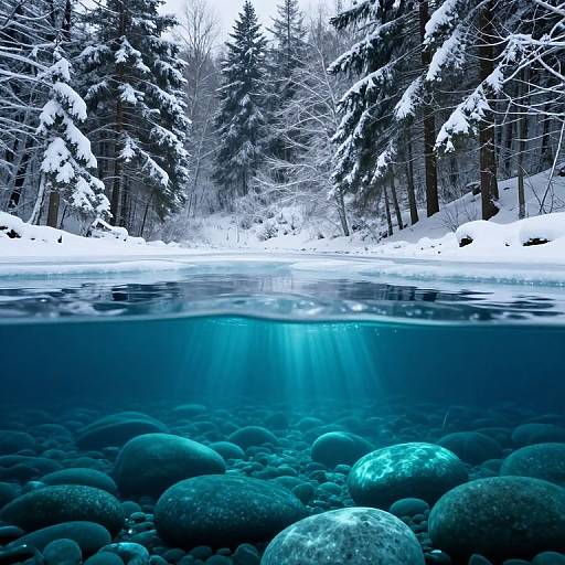 Underwater photograph of a snow-covered forest stream, showing clear blue water with glowing turquoise rocks below and snow-laden trees above.