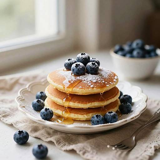 Photograph of golden-brown pancakes topped with blueberries, powdered sugar, and honey, on a white plate by a window, with a bowl of
