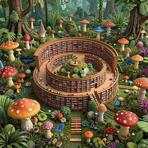 Whimsical digital art of a circular wooden maze surrounded by vibrant, oversized mushrooms and lush forest in a fairy-tale style.