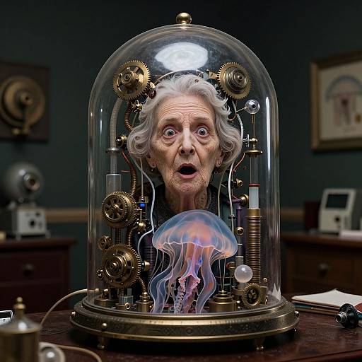 Photograph of an elderly woman with wide eyes, encased in a transparent dome filled with gears and a glowing jellyfish, in a dimly lit