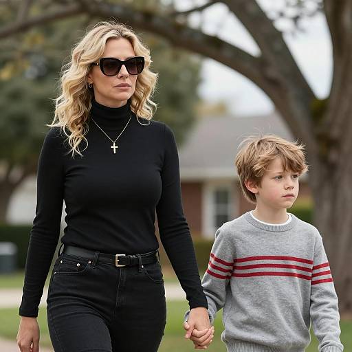 Woman and Boy Walking Outdoors Holding Hands