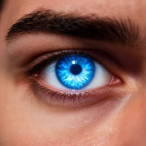 Close-up photograph of a striking blue eye with a thick, dark eyebrow, and subtle makeup, showcasing vivid blue iris and detailed pupil.
