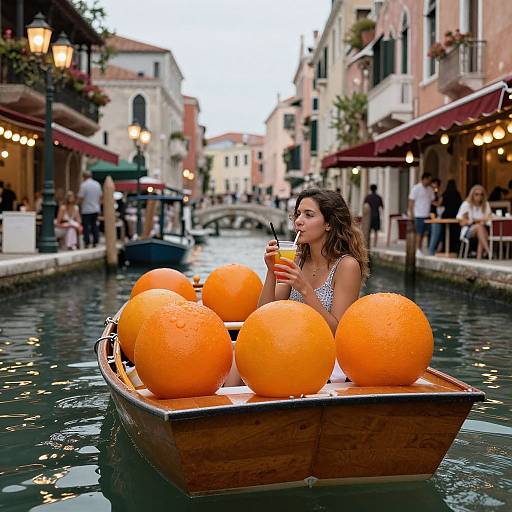 Photograph of a curly-haired woman in a white top, sipping an orange drink, rowing a wooden boat with six large oranges in a Venice