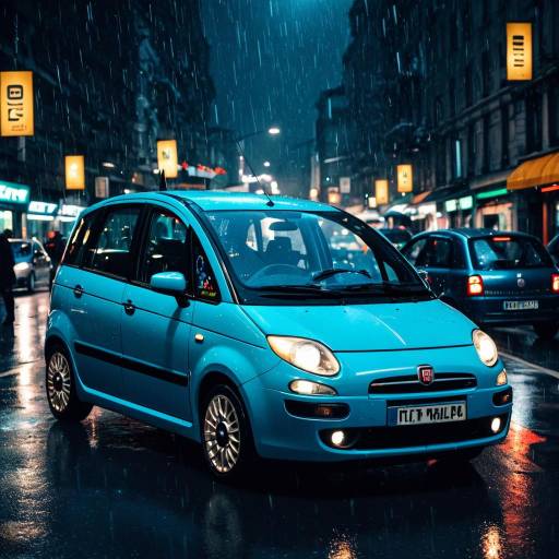 Matte Blue Fiat Multipla in Rainy Night City