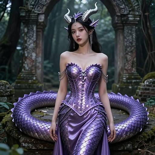 Digital artwork of an Asian woman with purple dragon scales and horns, wearing a shiny, corseted dress, standing in a mystical, moss-covered ancient