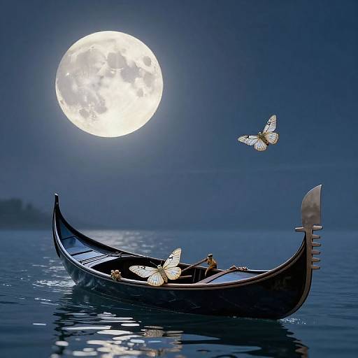 Photograph of a black gondola with glowing lanterns, floating on a calm blue sea under a bright full moon, with two white butterflies flying