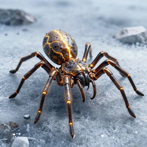 Close-up photograph of a black and orange striped spider with glowing lines, standing on a glittery, icy surface.