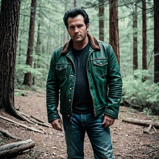 Rugged Man in Leather Jacket Standing in Forest