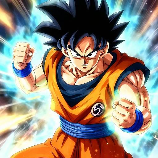 Digital anime artwork of Son Goku, muscular with spiky black hair, wearing orange gi, blue sash, and wristbands, glowing blue energy surrounds