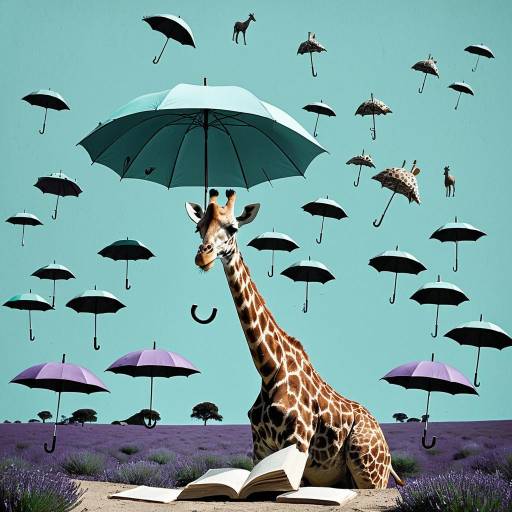 Surreal Giraffe Reading Under Floating Umbrellas